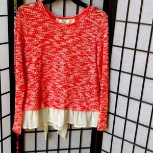 Ya Los Angeles Women's Knit Top Size M Pink Ivory Ruffle Hem Back Tie Scoop Neck